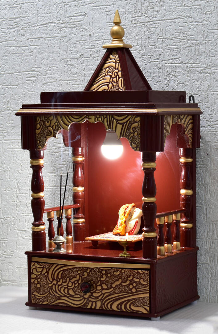 Brown-Golden Pooja Temple/Mandir with Tray and One Drawer - Side Open - Image 2
